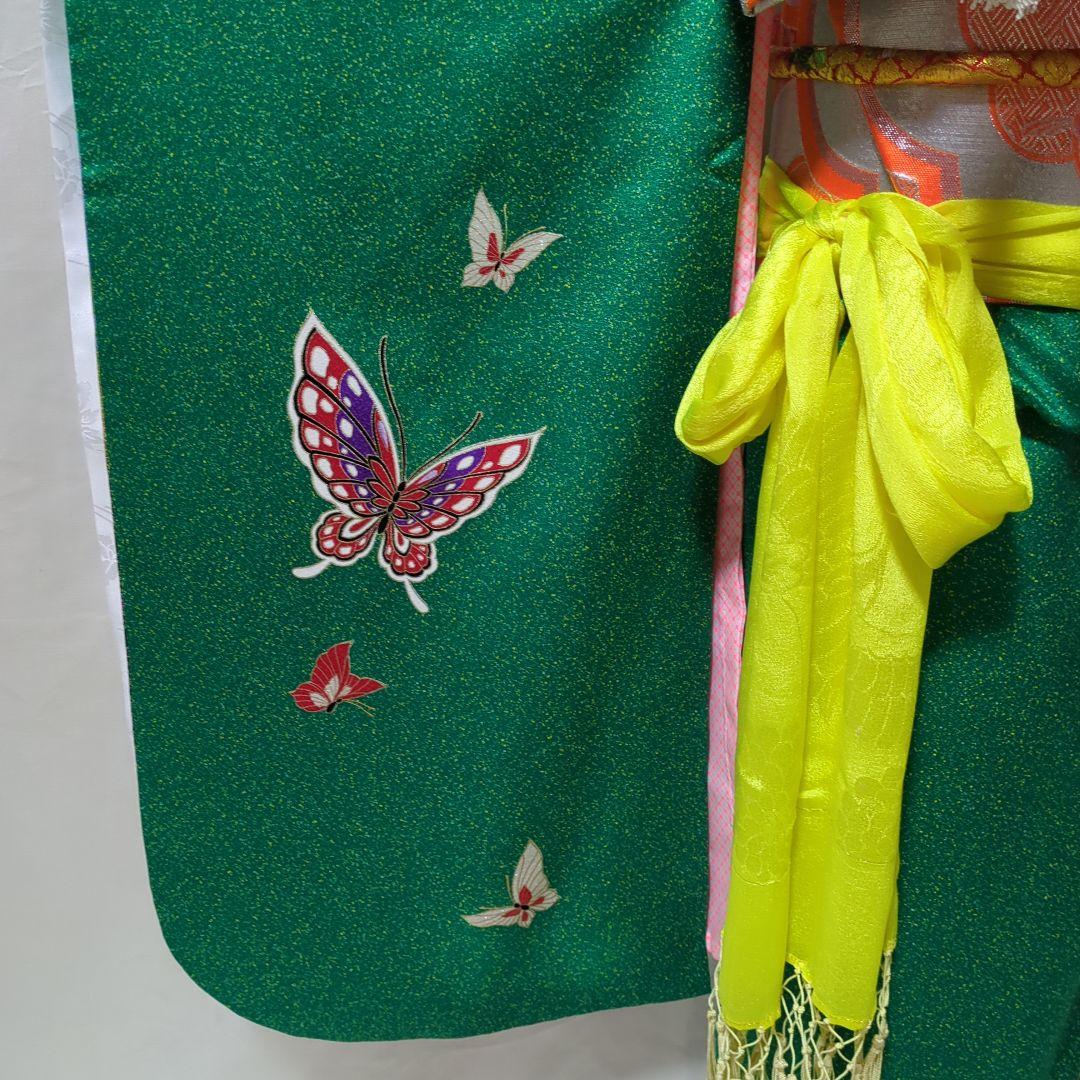 七五三７歳用 緑色着物 金通し　勝山かんざしセット付き