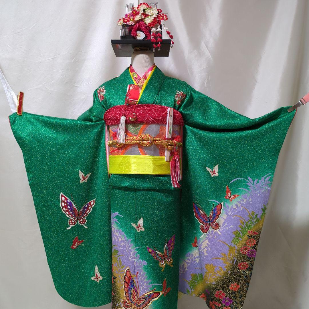 七五三７歳用 緑色着物 金通し　勝山かんざしセット付き