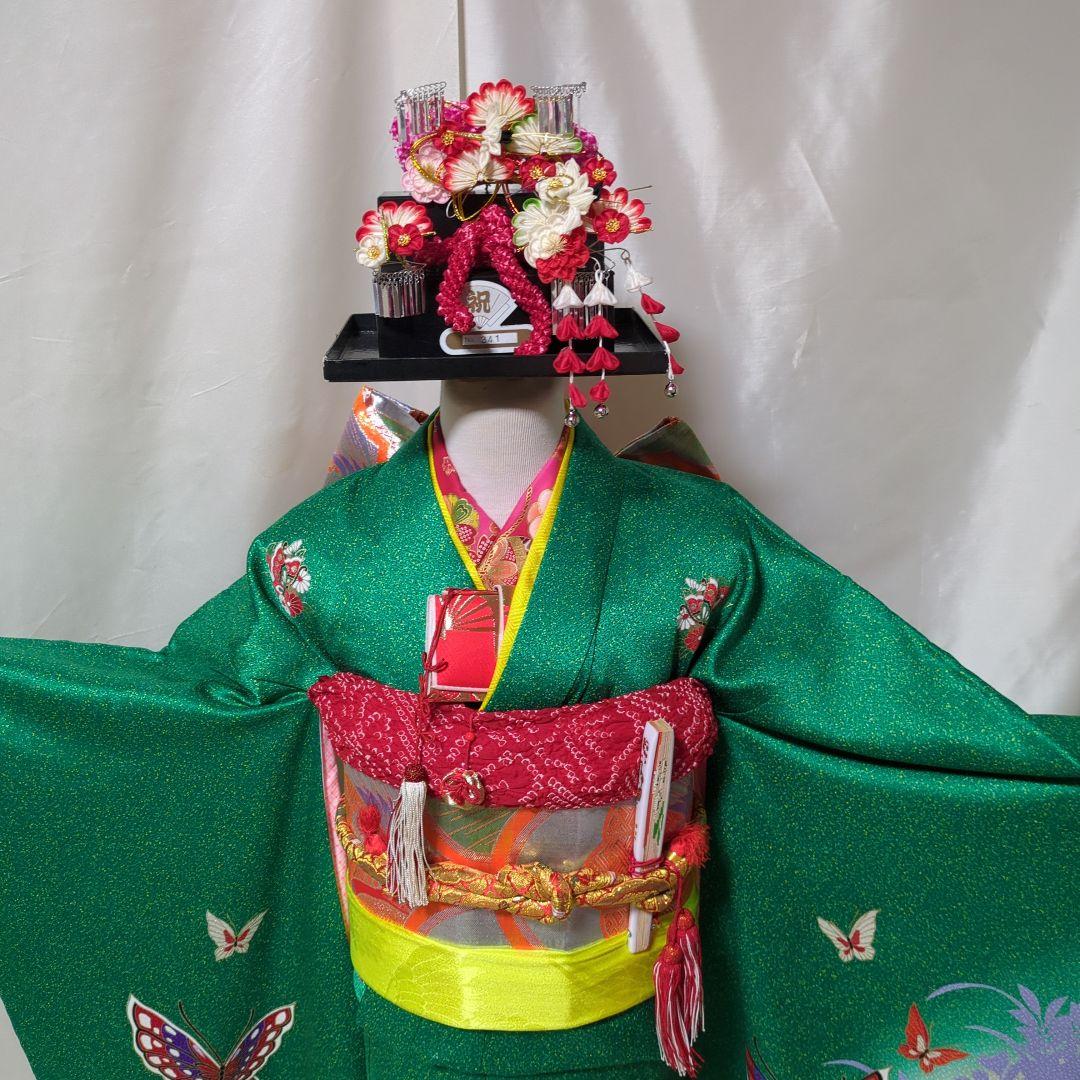 七五三７歳用 緑色着物 金通し　勝山かんざしセット付き