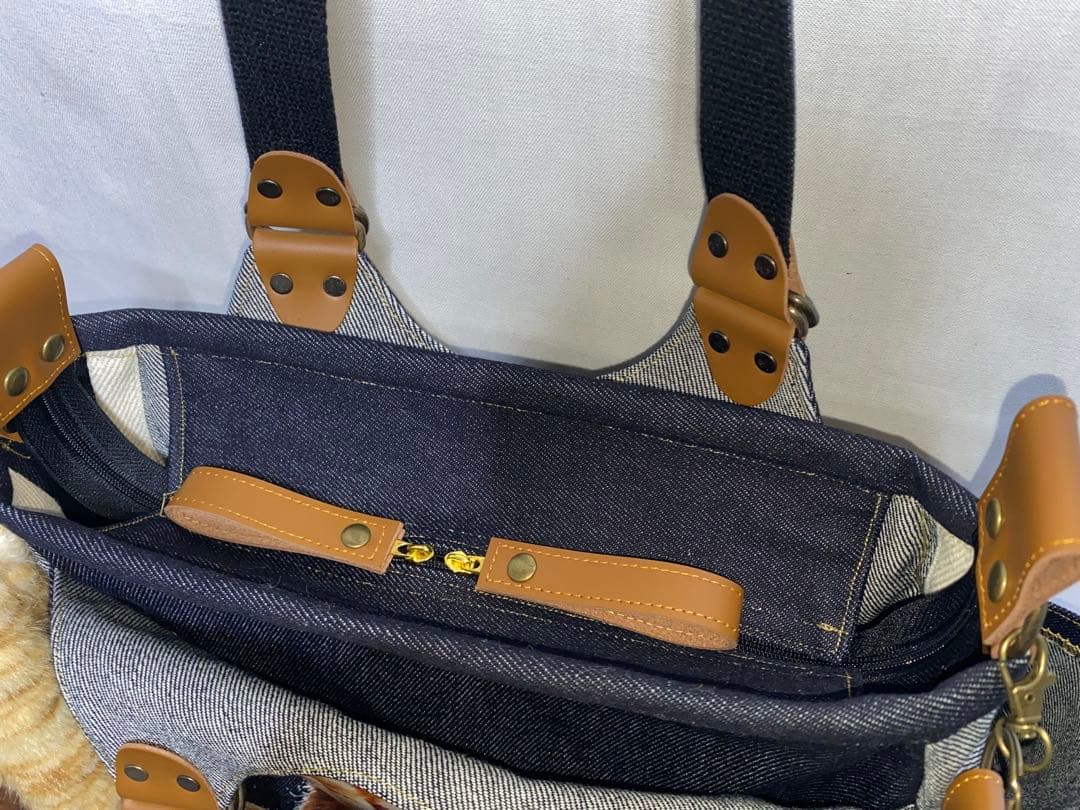 ☆岡山デニム☆ネコファー☆ステンシル☆トラ猫☆リュック対応☆4wayあおりバッグ