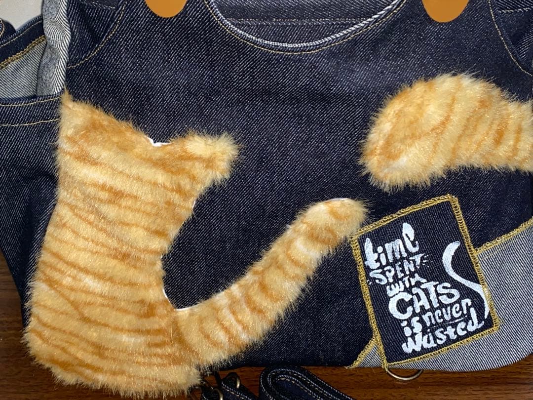 ☆岡山デニム☆ネコファー☆ステンシル☆トラ猫☆リュック対応☆4wayあおりバッグ