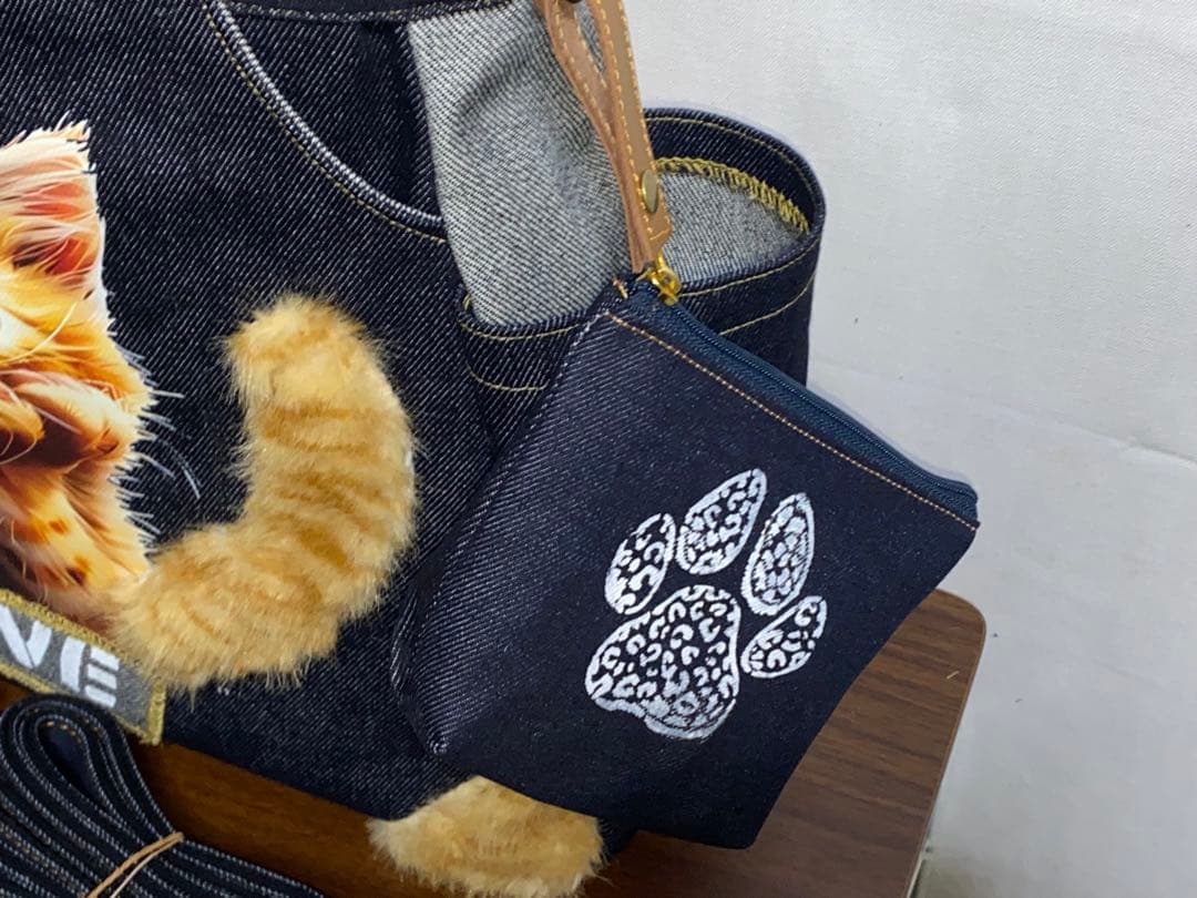 ☆岡山デニム☆ネコファー☆ステンシル☆トラ猫☆リュック対応☆4wayあおりバッグ