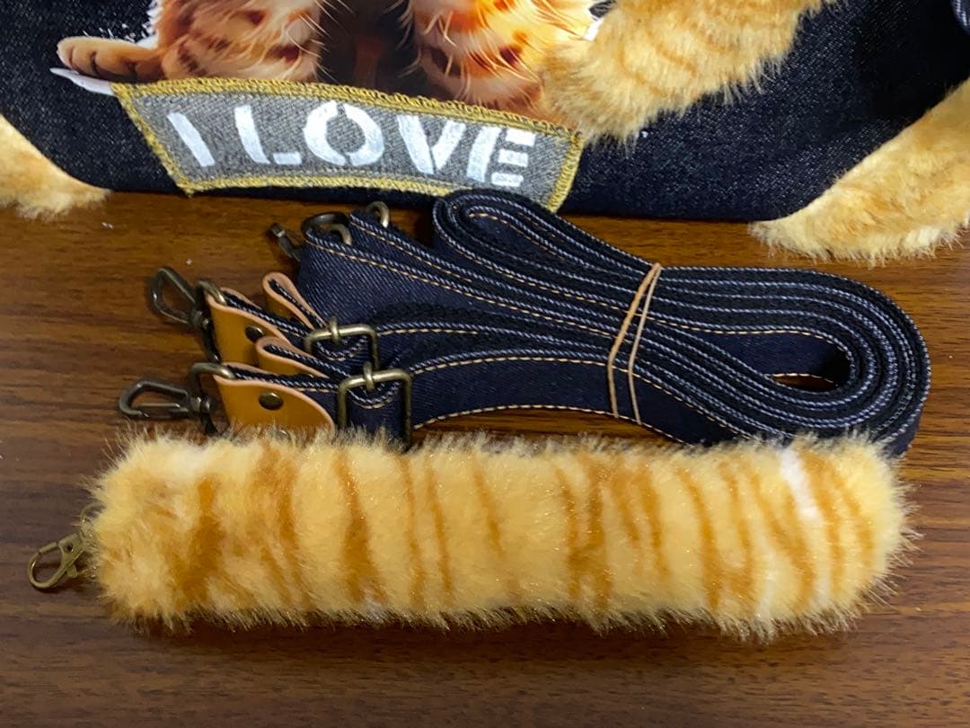 ☆岡山デニム☆ネコファー☆ステンシル☆トラ猫☆リュック対応☆4wayあおりバッグ