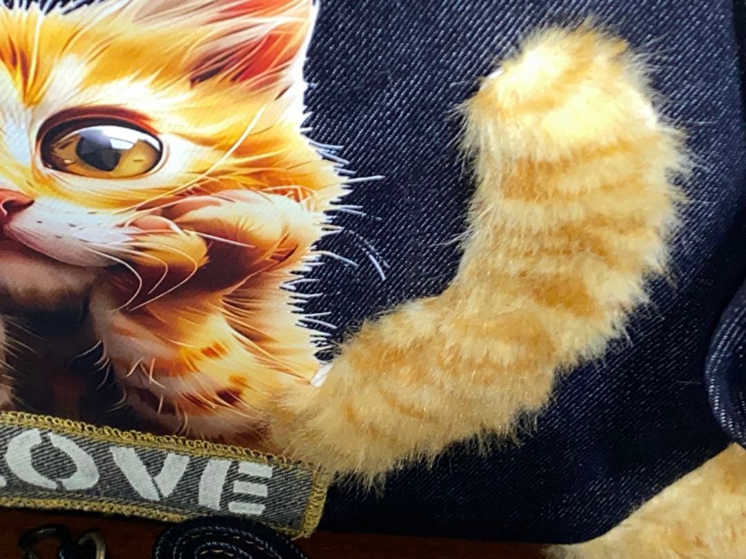 ☆岡山デニム☆ネコファー☆ステンシル☆トラ猫☆リュック対応☆4wayあおりバッグ