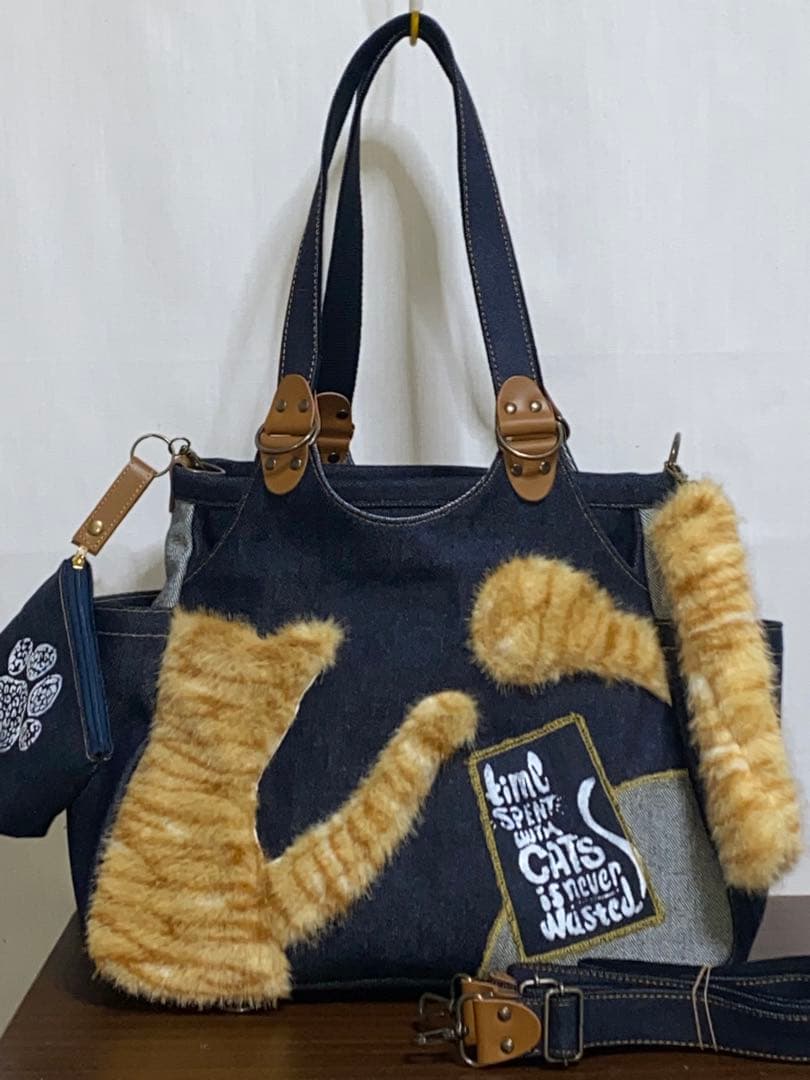 ☆岡山デニム☆ネコファー☆ステンシル☆トラ猫☆リュック対応☆4wayあおりバッグ