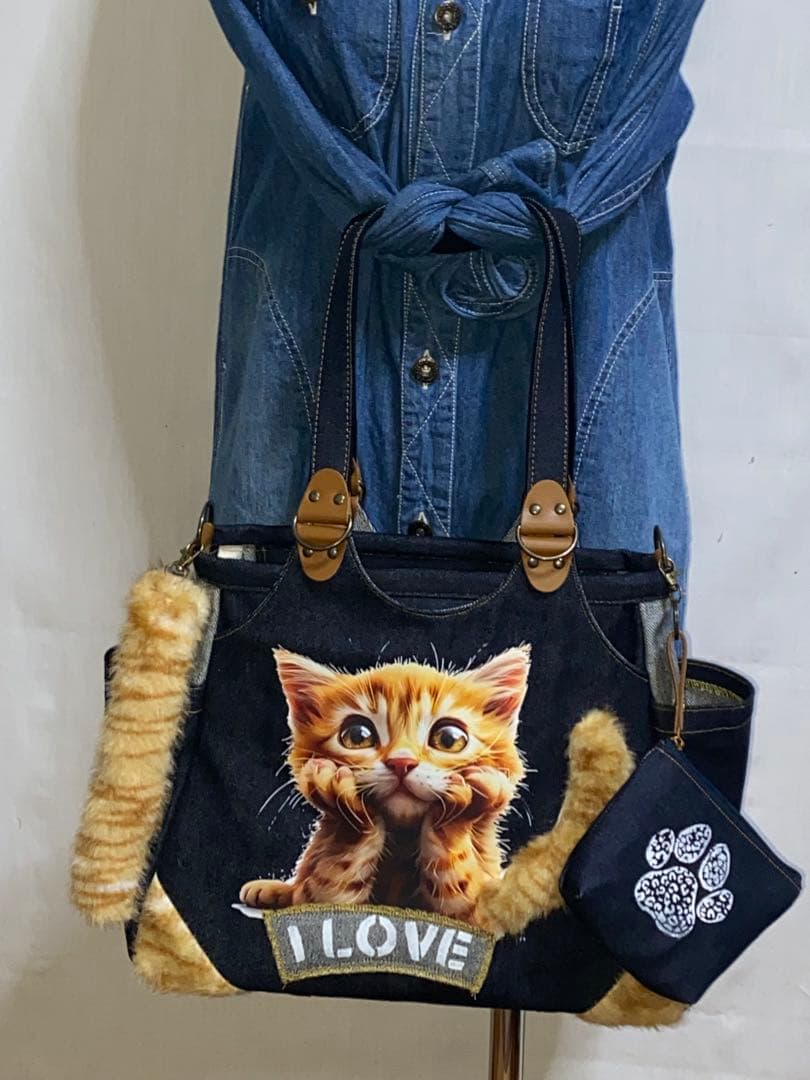 ☆岡山デニム☆ネコファー☆ステンシル☆トラ猫☆リュック対応☆4wayあおりバッグ