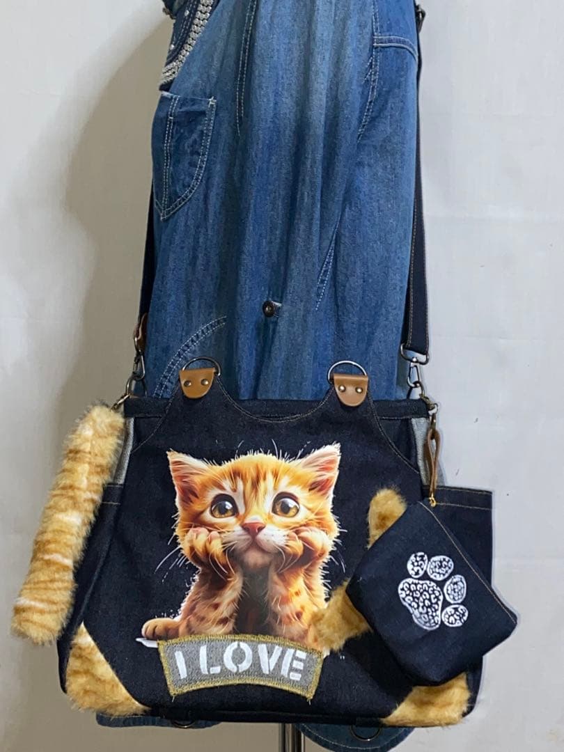 ☆岡山デニム☆ネコファー☆ステンシル☆トラ猫☆リュック対応☆4wayあおりバッグ