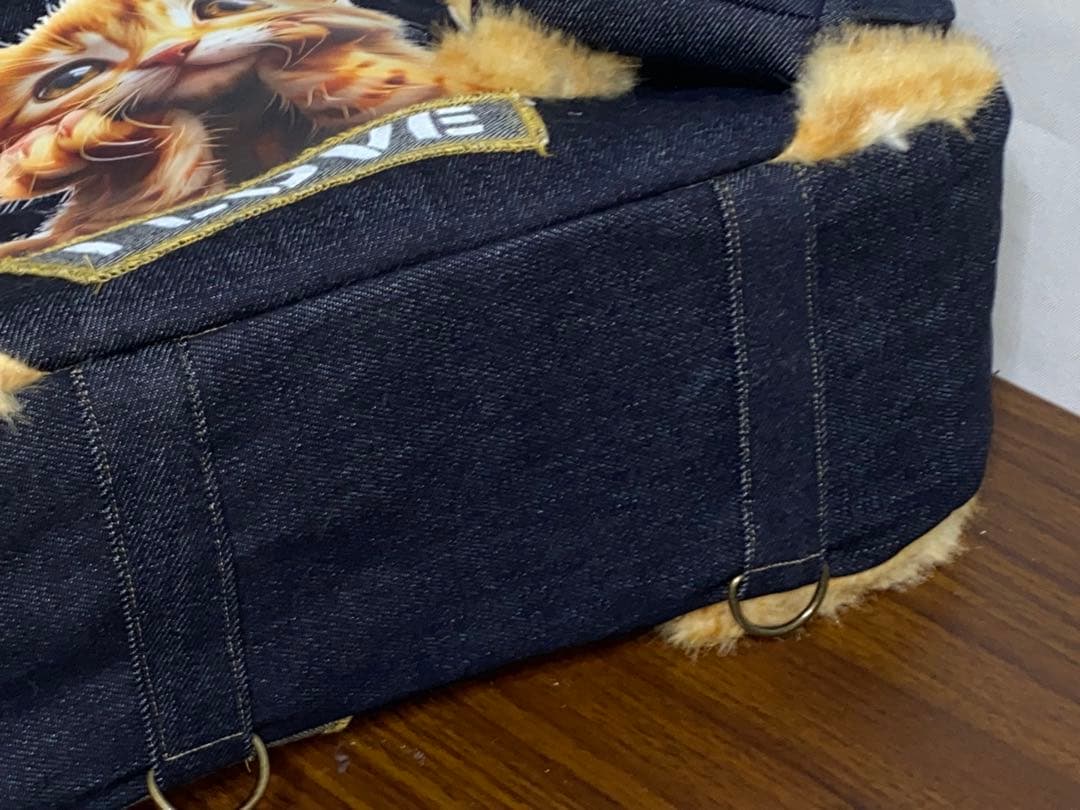 ☆岡山デニム☆ネコファー☆ステンシル☆トラ猫☆リュック対応☆4wayあおりバッグ