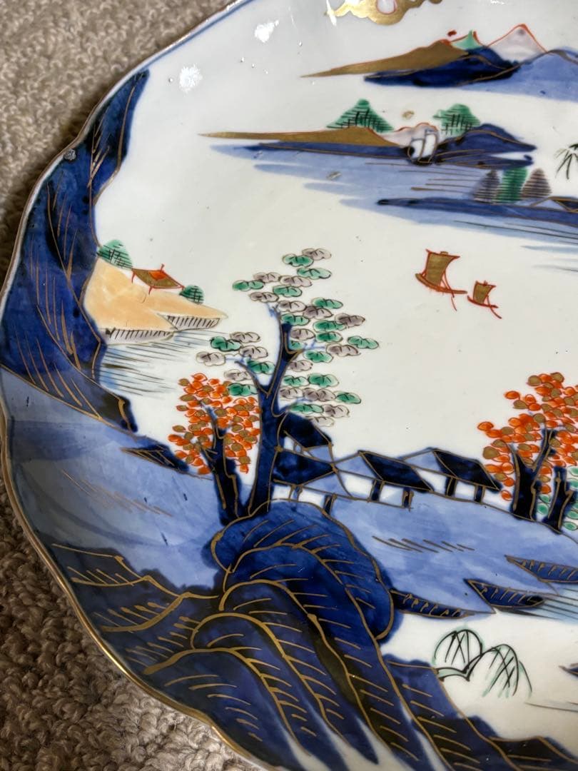 古伊万里 染付 金彩 色絵 金欄手山水図 輪花 24cm 中皿 江戸後期