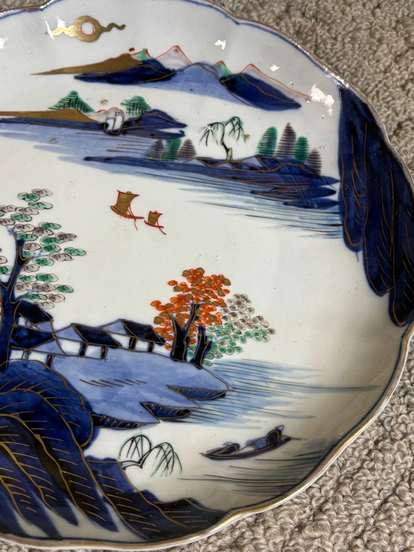古伊万里 染付 金彩 色絵 金欄手山水図 輪花 24cm 中皿 江戸後期