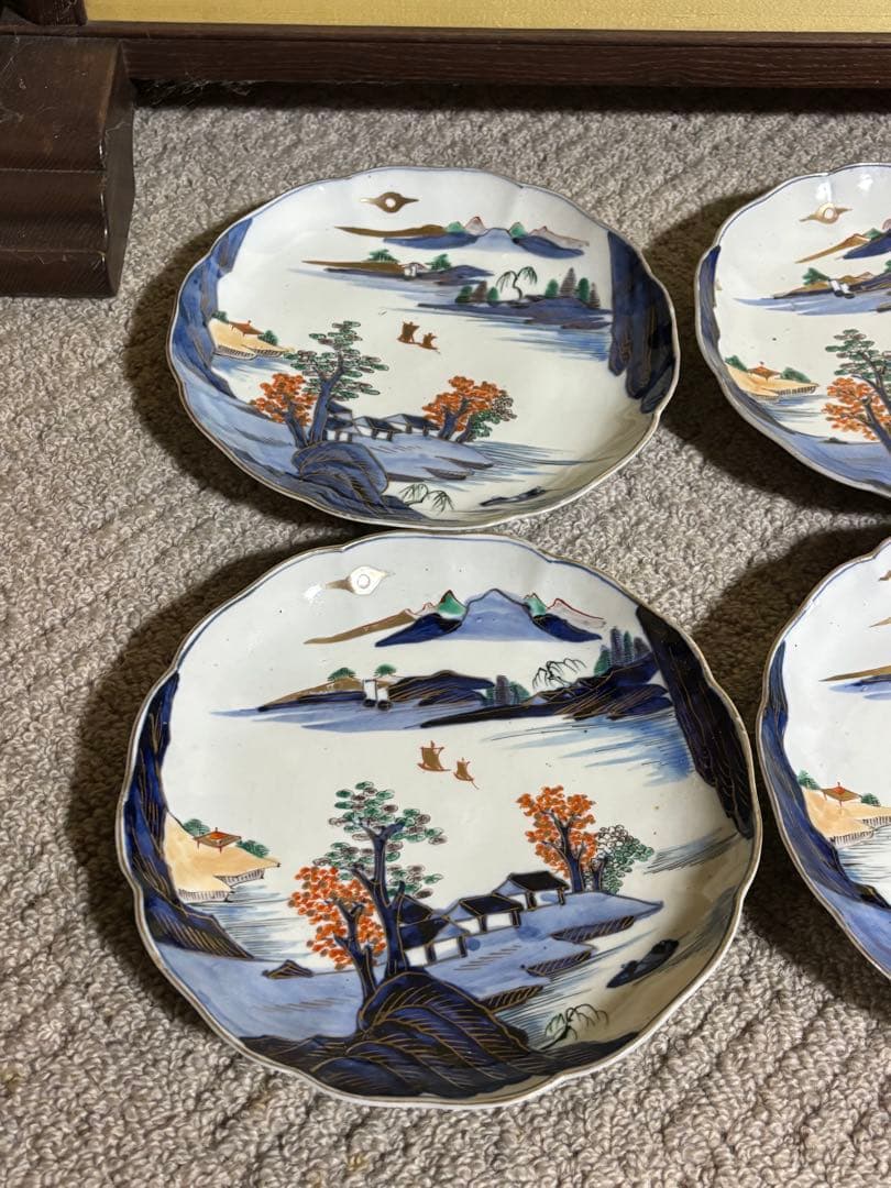 古伊万里 染付 金彩 色絵 金欄手山水図 輪花 24cm 中皿 江戸後期