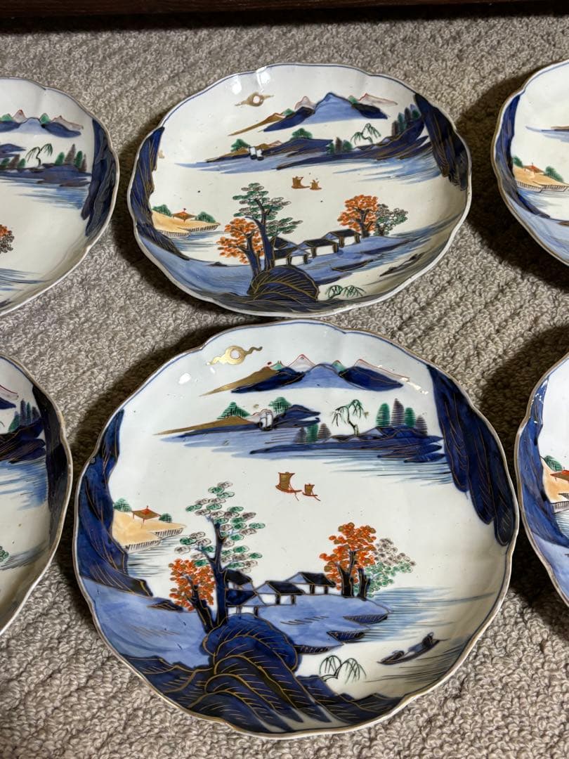 古伊万里 染付 金彩 色絵 金欄手山水図 輪花 24cm 中皿 江戸後期
