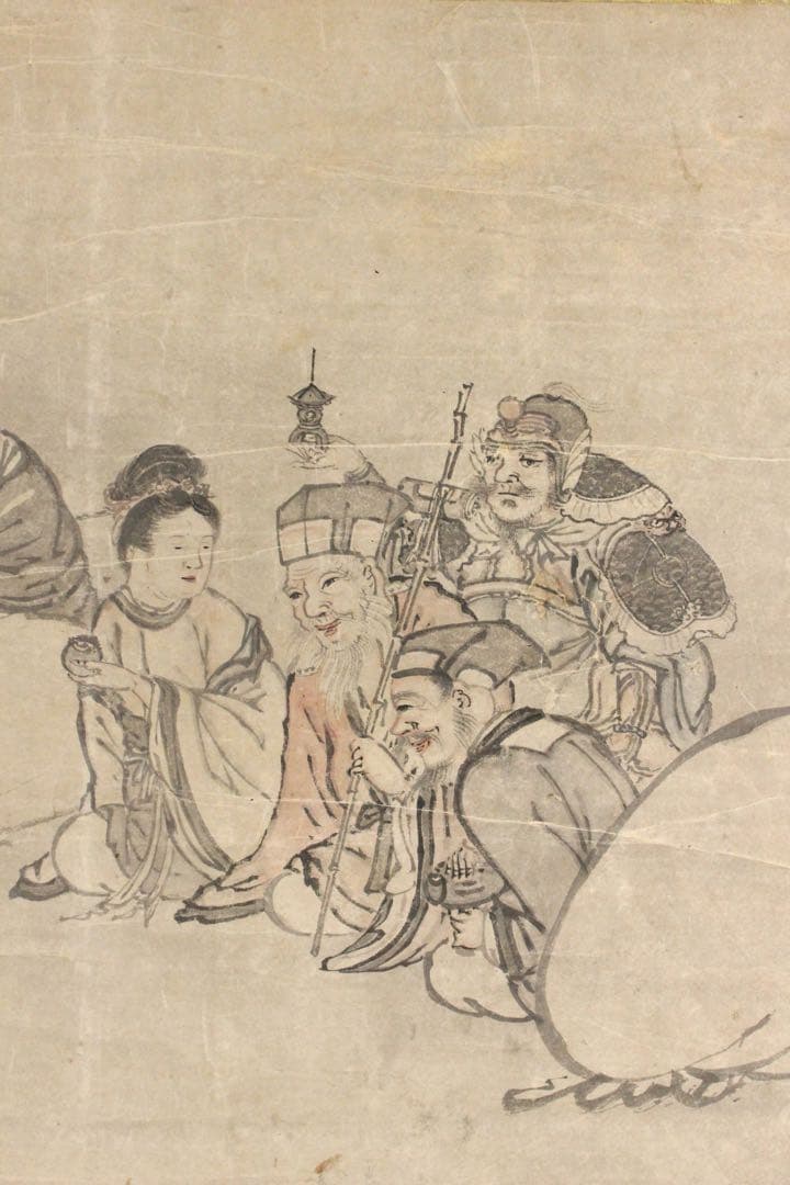 No5239掛軸　長塩雪虹　七福神図　紙本淡彩　日本画　神仏画　古美術　送料無料