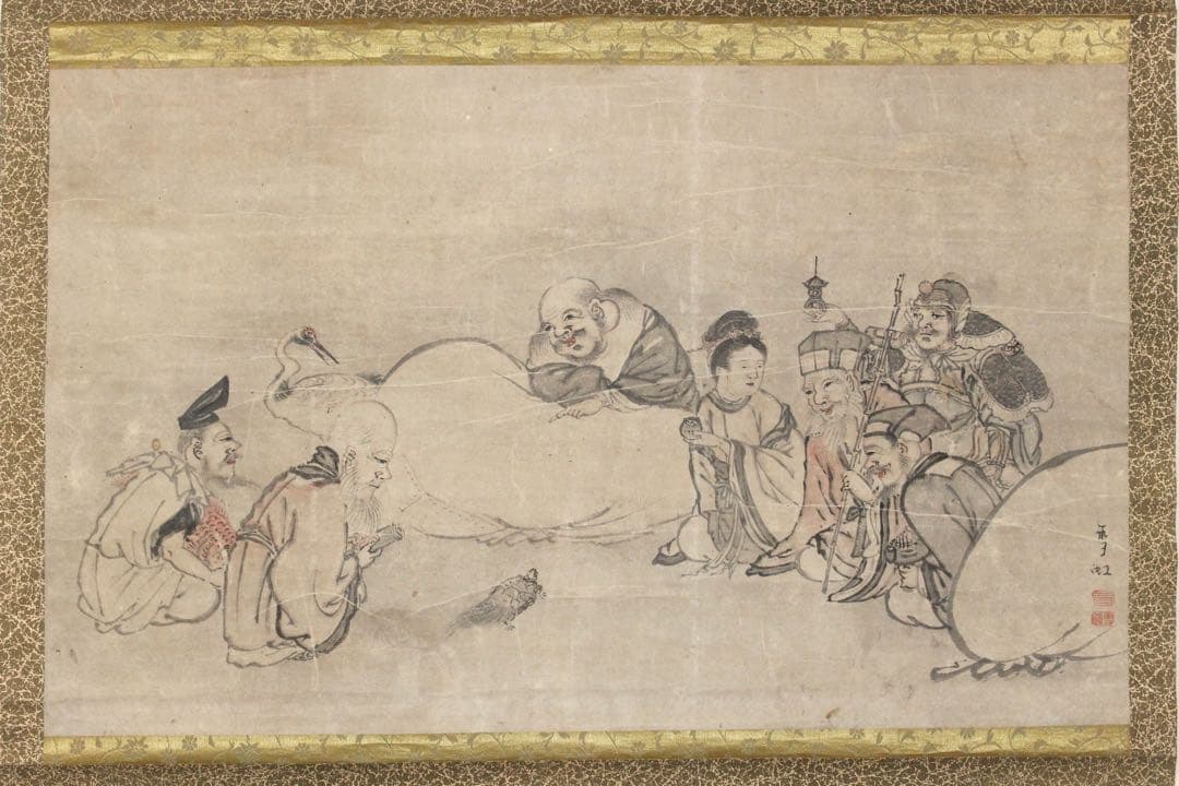 No5239掛軸　長塩雪虹　七福神図　紙本淡彩　日本画　神仏画　古美術　送料無料