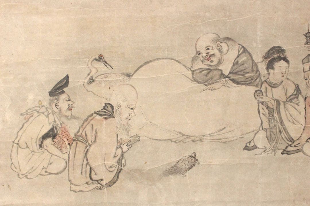 No5239掛軸　長塩雪虹　七福神図　紙本淡彩　日本画　神仏画　古美術　送料無料