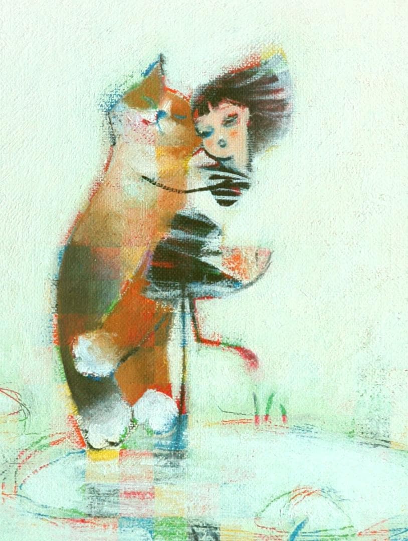 油絵 菅家令子絵 絵画インテリア額付(青緑＋金色の枠)F4-072719猫女の子