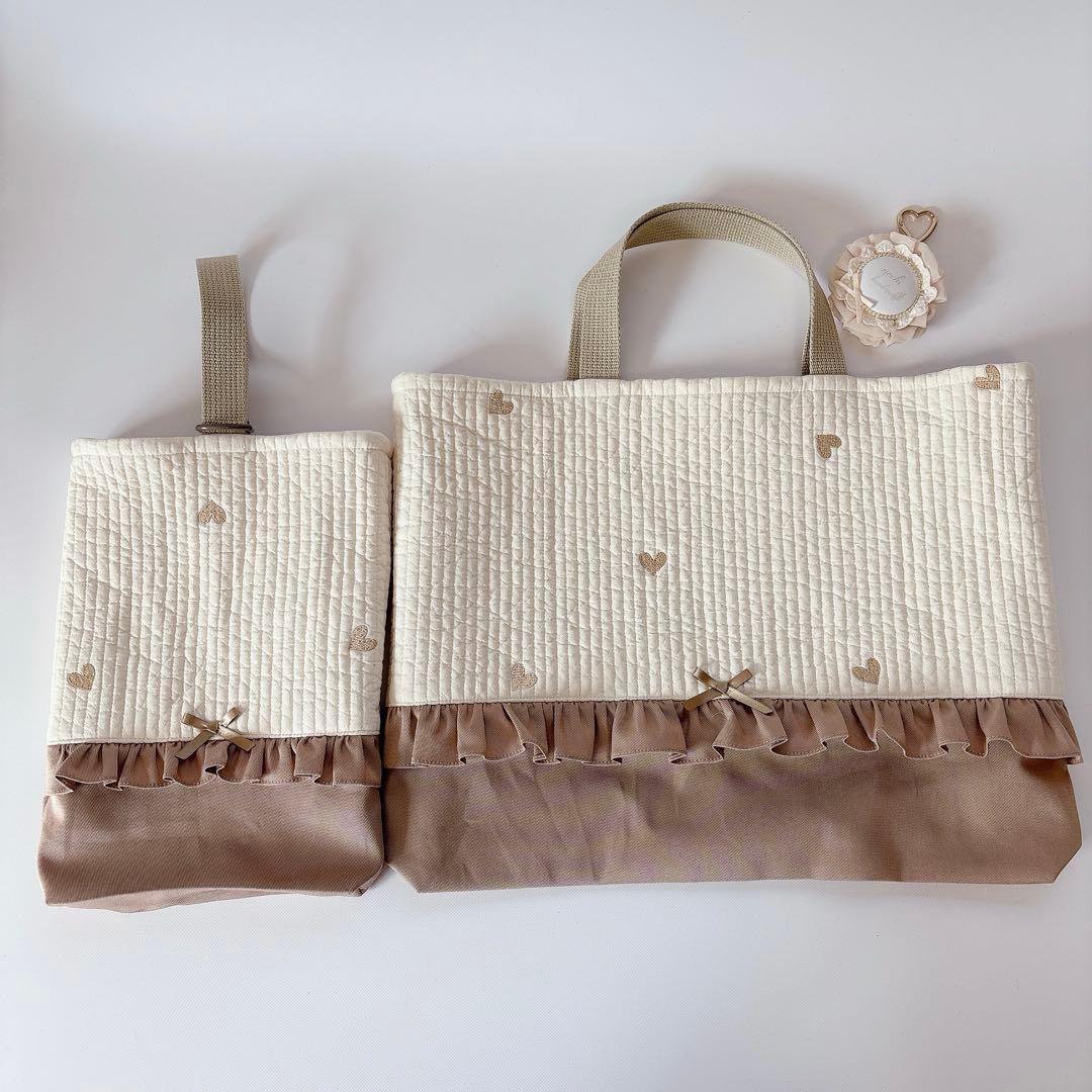 ハート　刺繍生地　ヌビ　キルト　キルティング　レッスンバッグ　上履き袋　入園入学