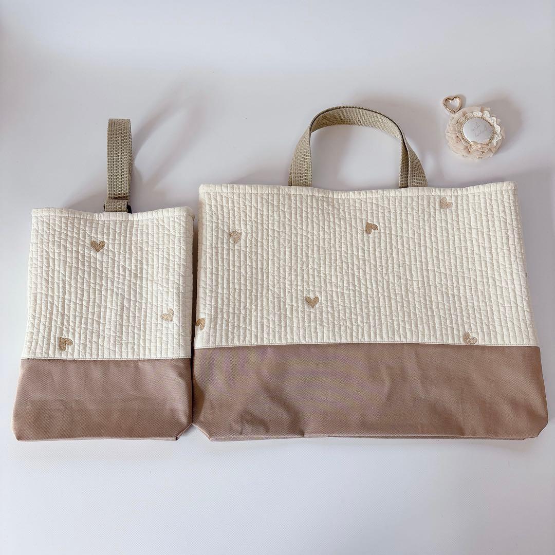 ハート　刺繍生地　ヌビ　キルト　キルティング　レッスンバッグ　上履き袋　入園入学