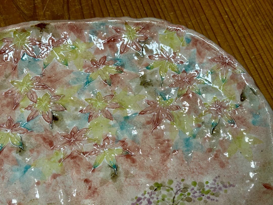 再値下げ　新品　清水焼　もみじ　紅葉　大皿　陶器　瑞光窯　盛皿　飾り皿