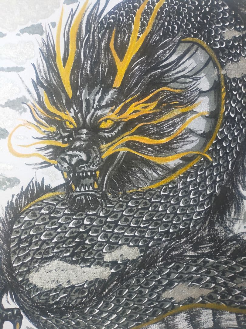 【真筆一点物】黄金角の銀龍 - 守護と昇運 (筆ペン一発描き/肉筆画/大色紙)