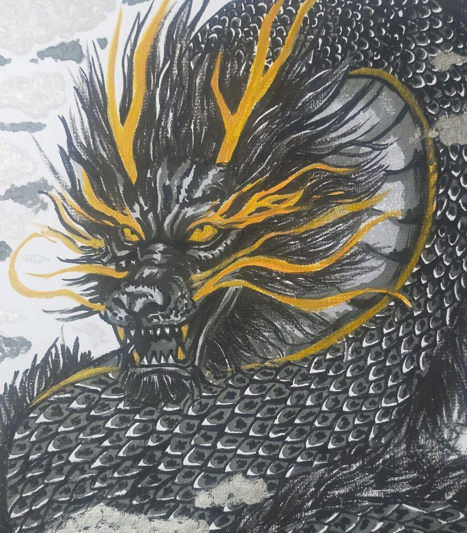 【真筆一点物】黄金角の銀龍 - 守護と昇運 (筆ペン一発描き/肉筆画/大色紙)