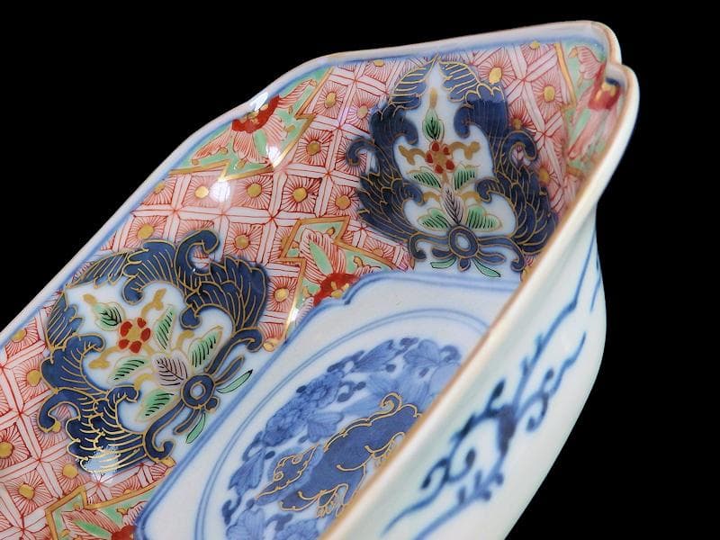 大聖寺古伊万里　菊花四方襷紋に獅子の図　四方角向付　E508AS-CRw