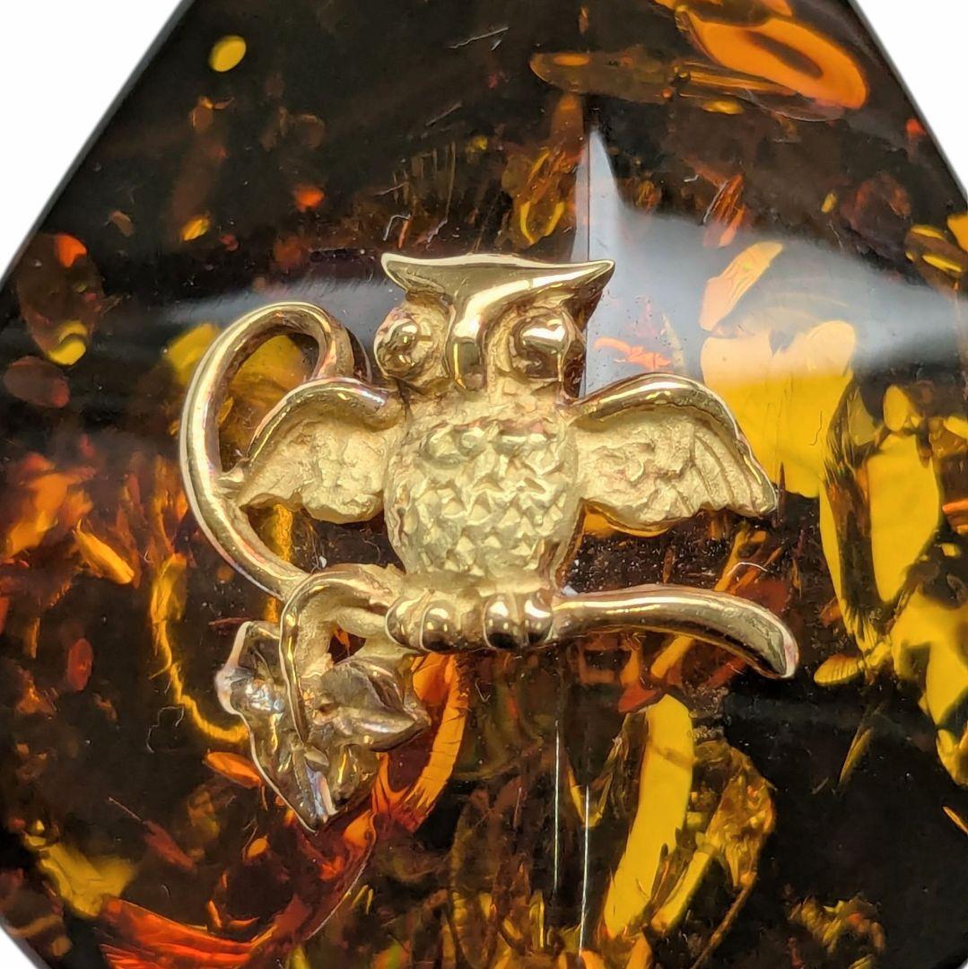 琥珀 ネックレストップ K18 バチカン フクロウ 梟 ネックレス アンバー