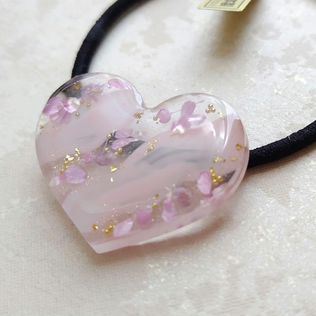 リアルフラワーピンク系ハートレジンヘアゴム