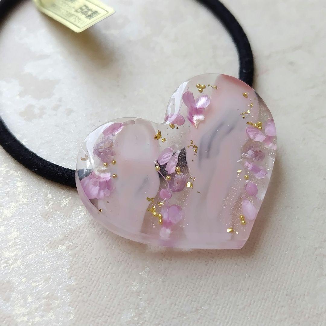 リアルフラワーピンク系ハートレジンヘアゴム