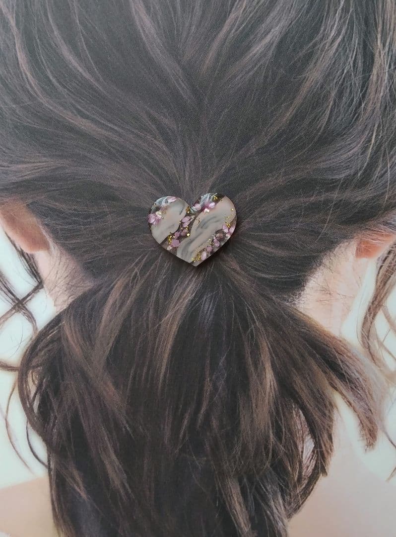 リアルフラワーピンク系ハートレジンヘアゴム