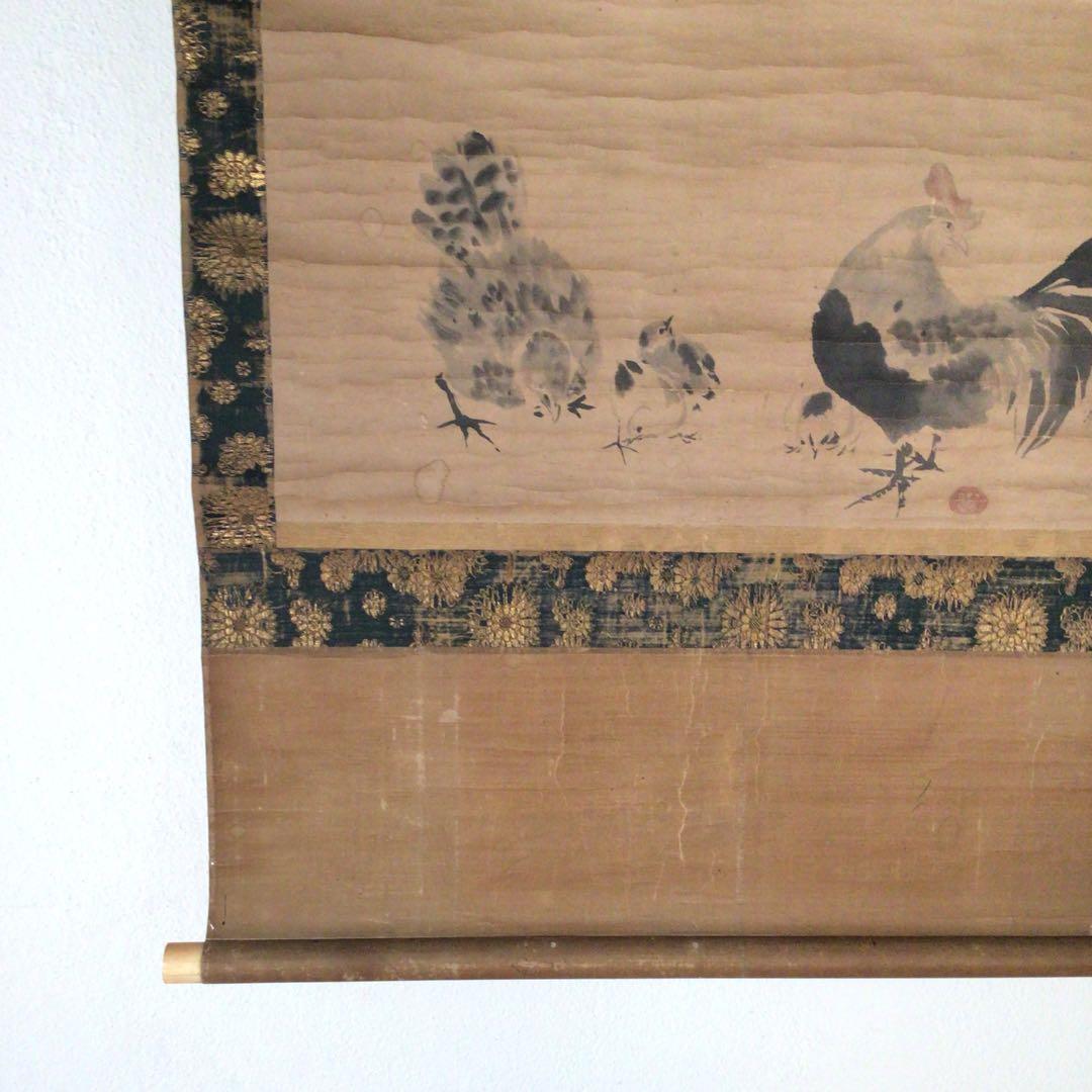 No3362 掛軸　狩野安信　鶏図　紙本　合箱　日本画　古美術　時代　送料無料