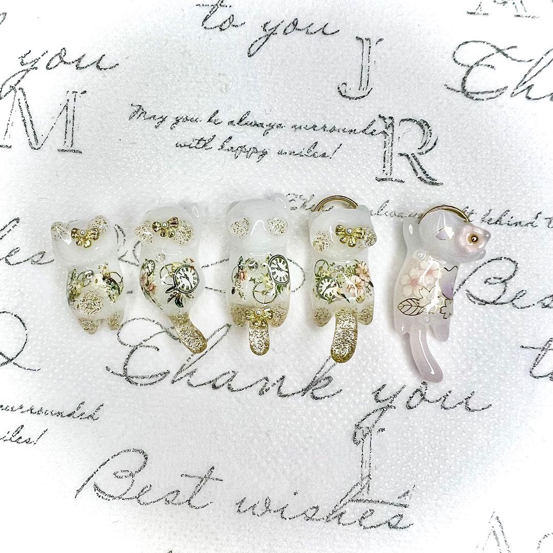 リクエスト専用　エレガントなお花　水色　リボン　猫　5個セット