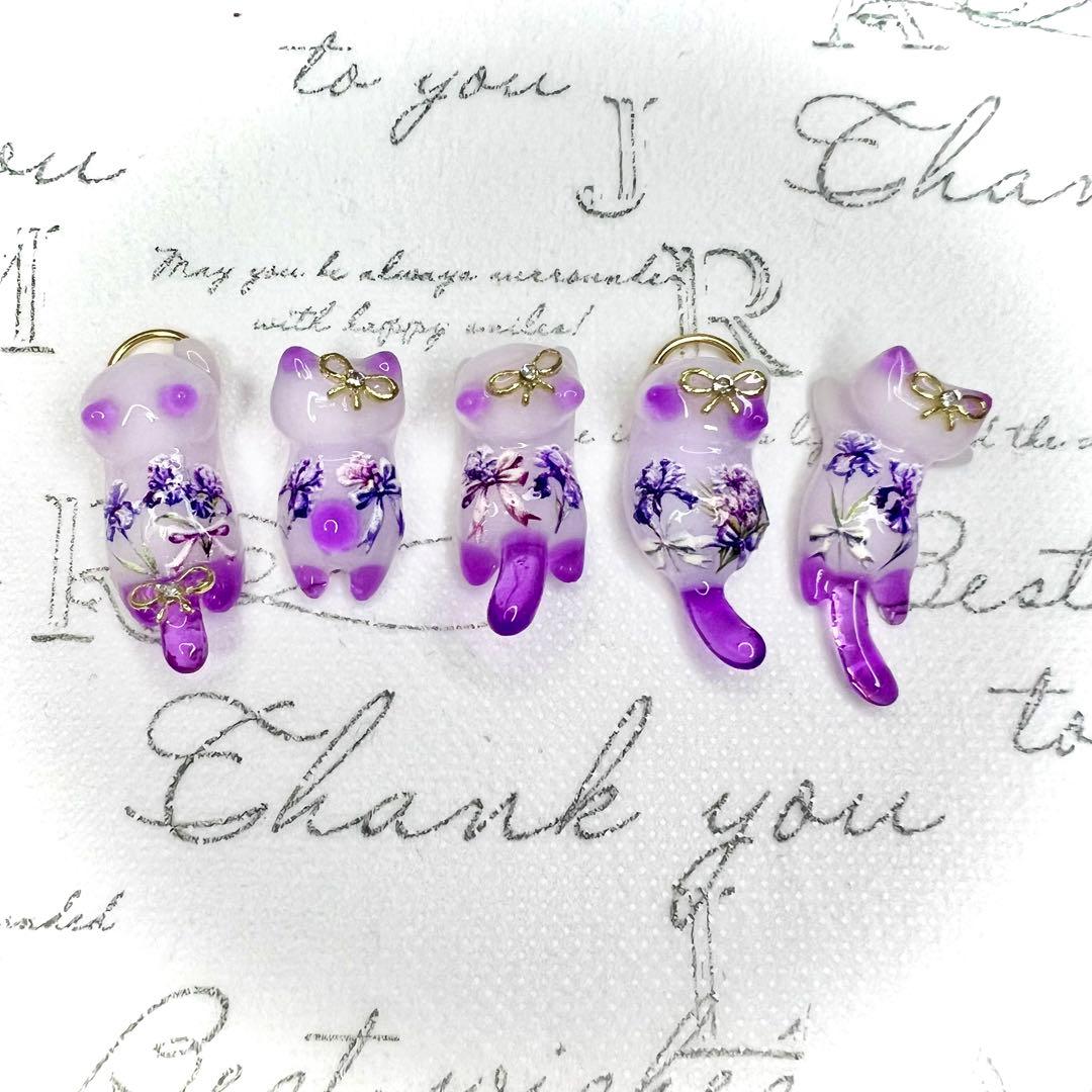 リクエスト専用　エレガントなお花　水色　リボン　猫　5個セット