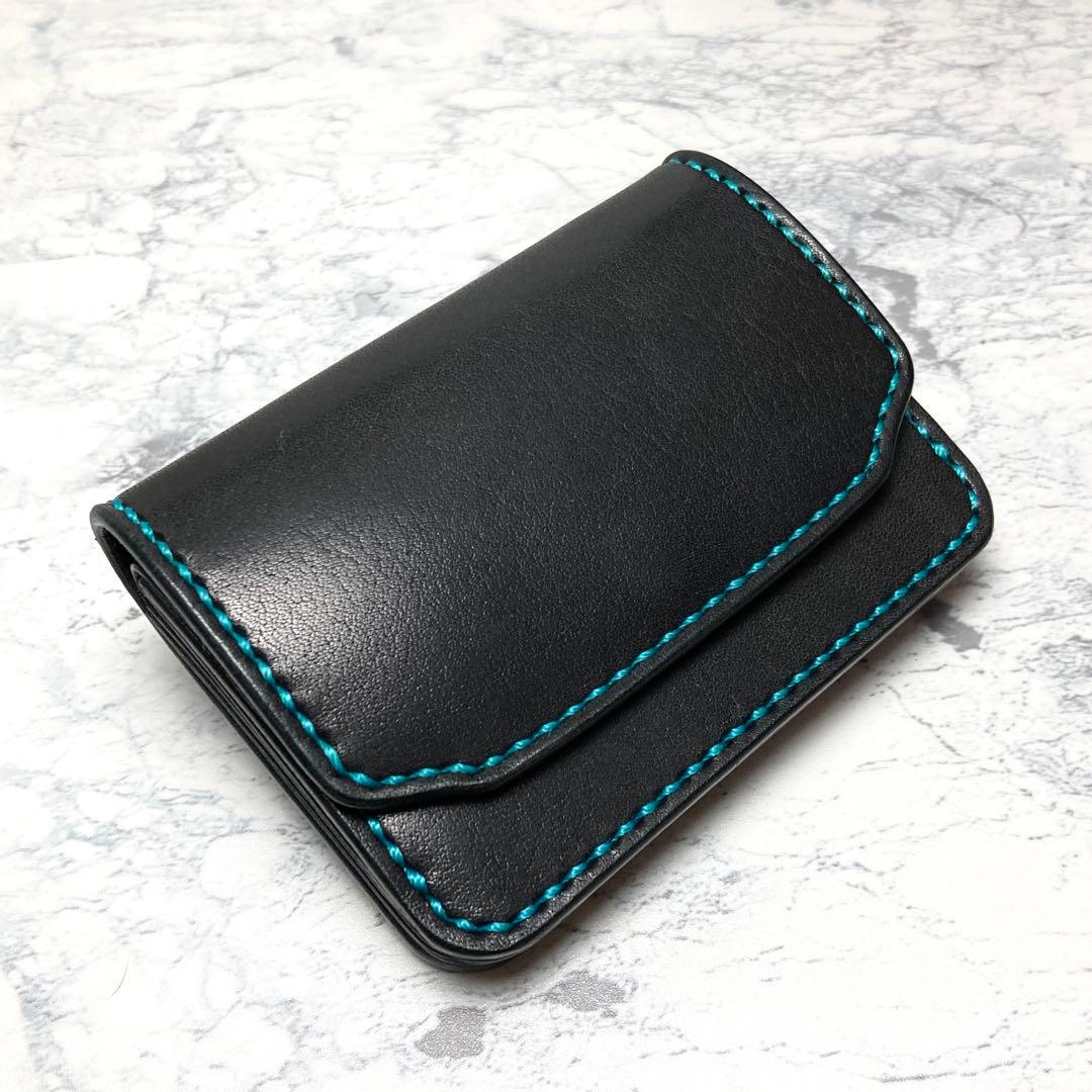 【総手縫い】本革 ミニ財布 栃木レザー コンパクト財布 背面パスケース付 黒