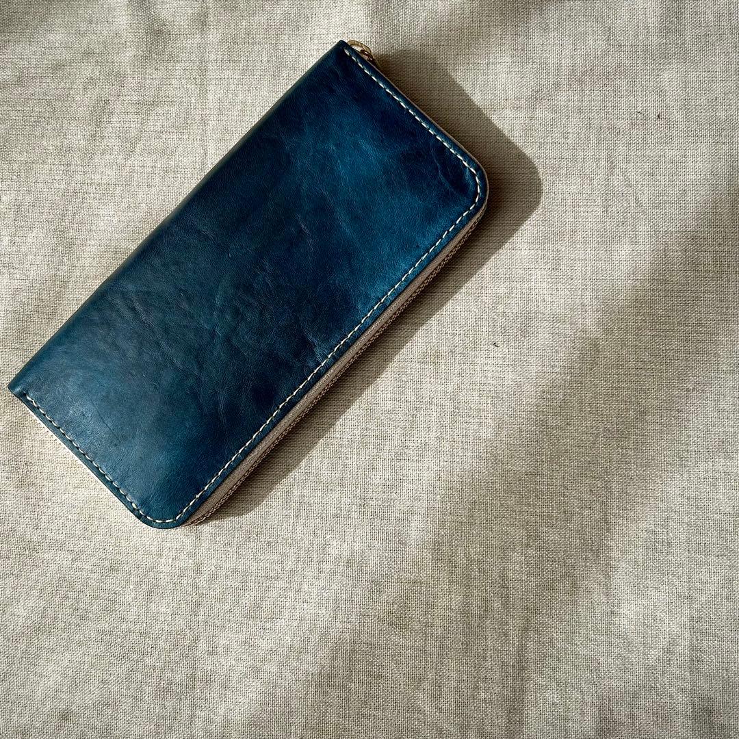 本革 ラウンドファスナー長財布 蒼 イタリアンレザー 手縫い仕立て