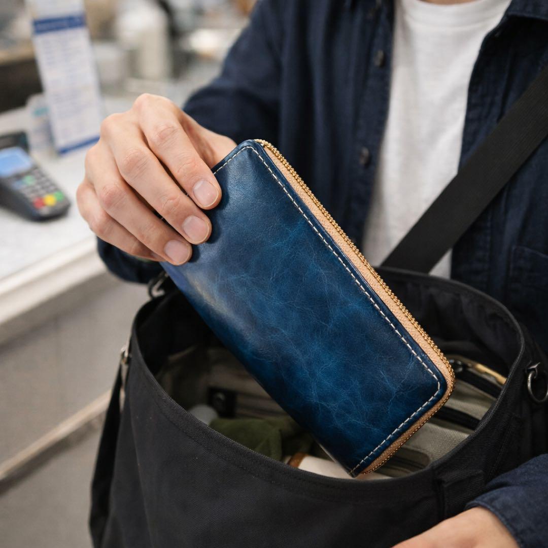 本革 ラウンドファスナー長財布 蒼 イタリアンレザー 手縫い仕立て