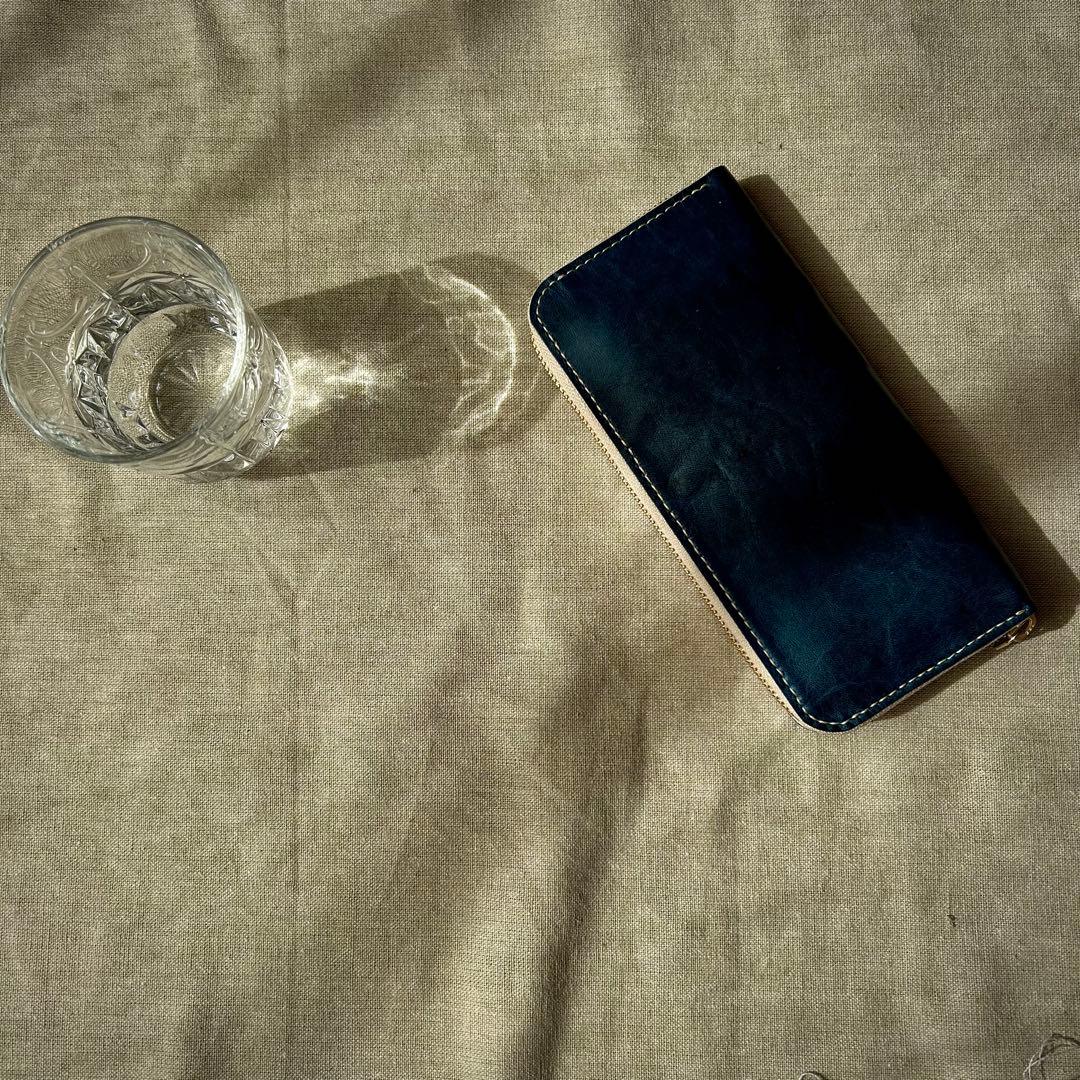 本革 ラウンドファスナー長財布 蒼 イタリアンレザー 手縫い仕立て