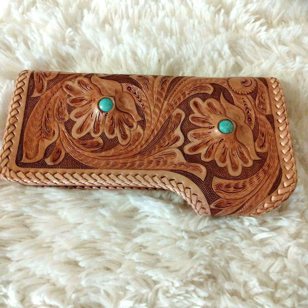 ✦希少✦カービング　長財布　ターコイズストーン　レザー　バイカーズ