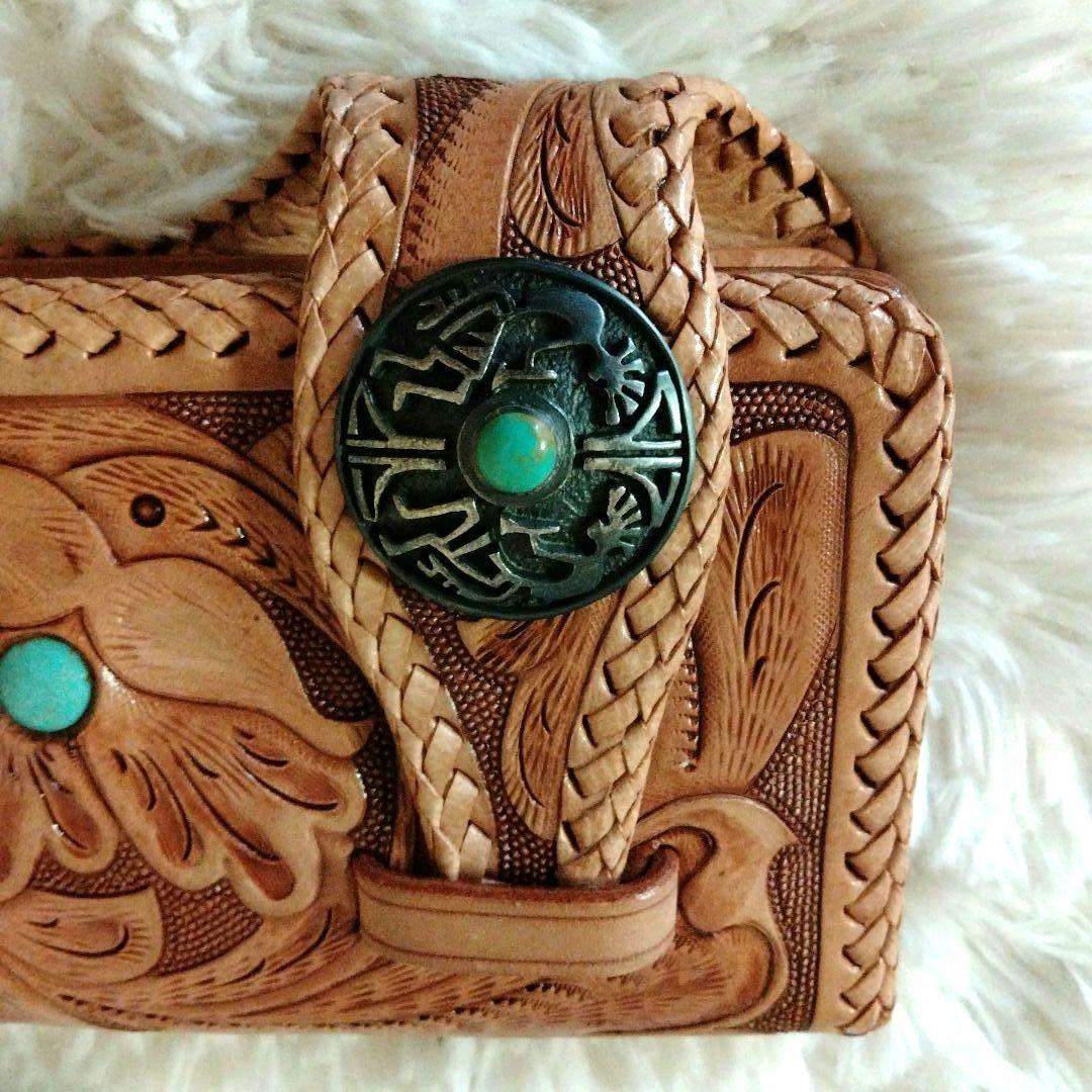 ✦希少✦カービング　長財布　ターコイズストーン　レザー　バイカーズ