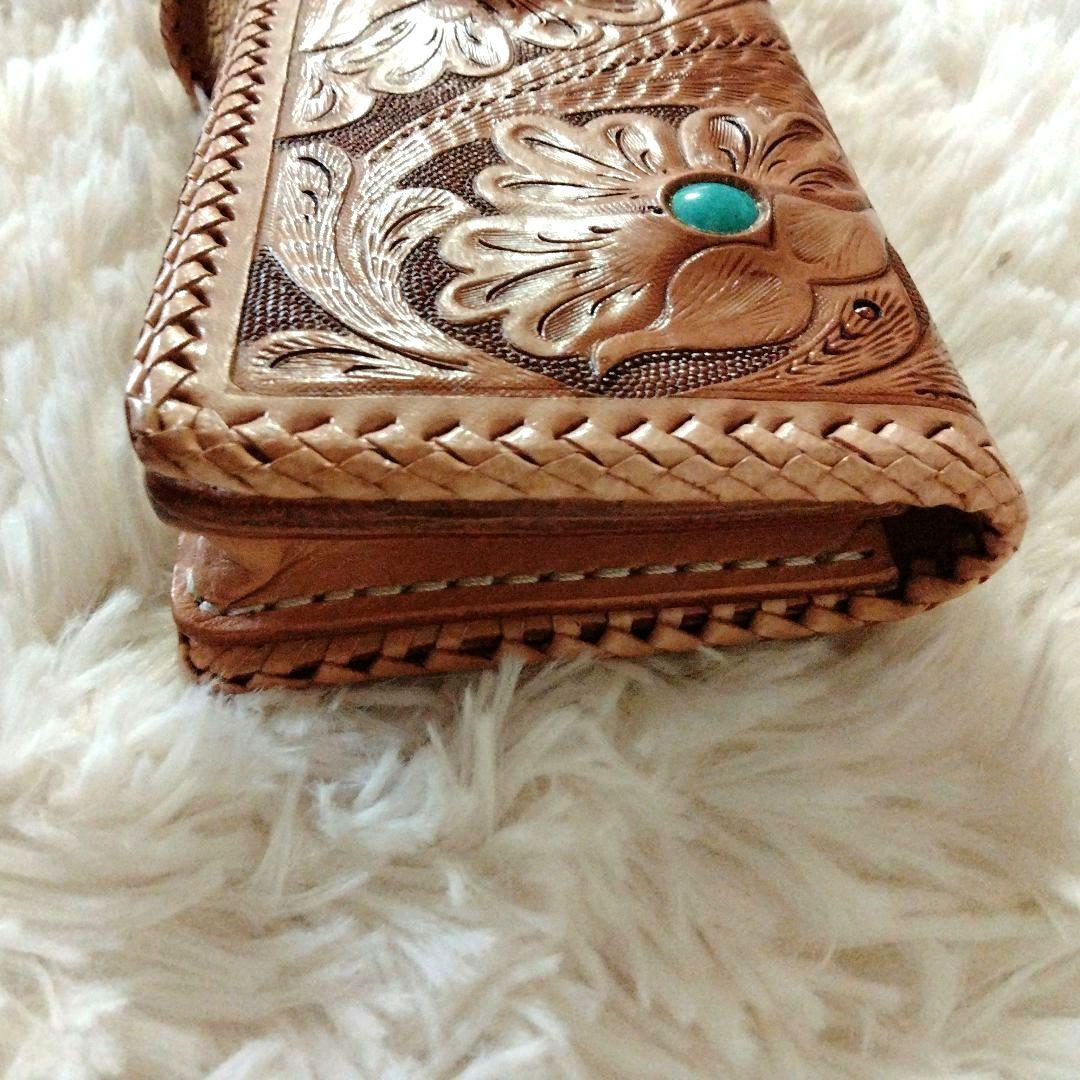 ✦希少✦カービング　長財布　ターコイズストーン　レザー　バイカーズ