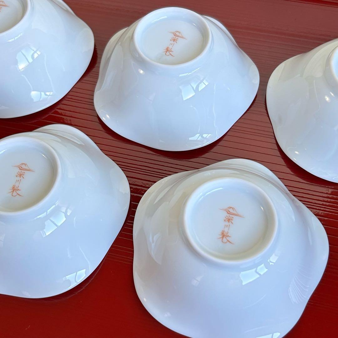 深川製磁　花ひょうたん　小鉢揃　5枚セット　白磁　色絵　金彩　瓢箪　輪花鉢　小付