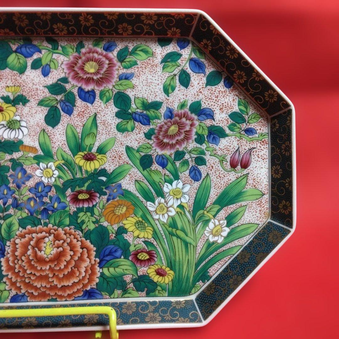 九谷焼　正峰窯　八角皿　色絵　飾り皿　隅切り長角皿　青粒鉄仙　金彩　大皿