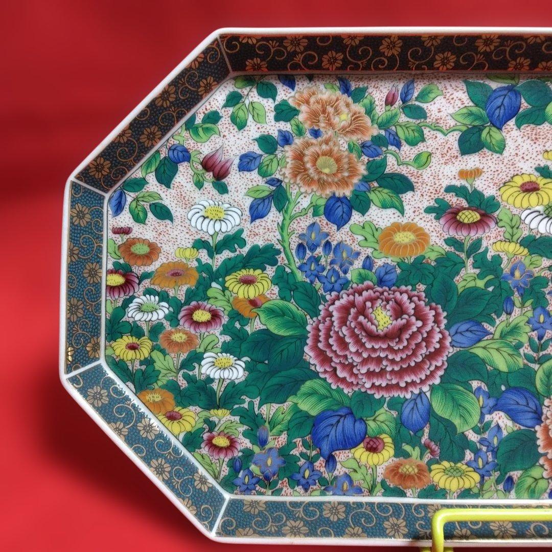 九谷焼　正峰窯　八角皿　色絵　飾り皿　隅切り長角皿　青粒鉄仙　金彩　大皿