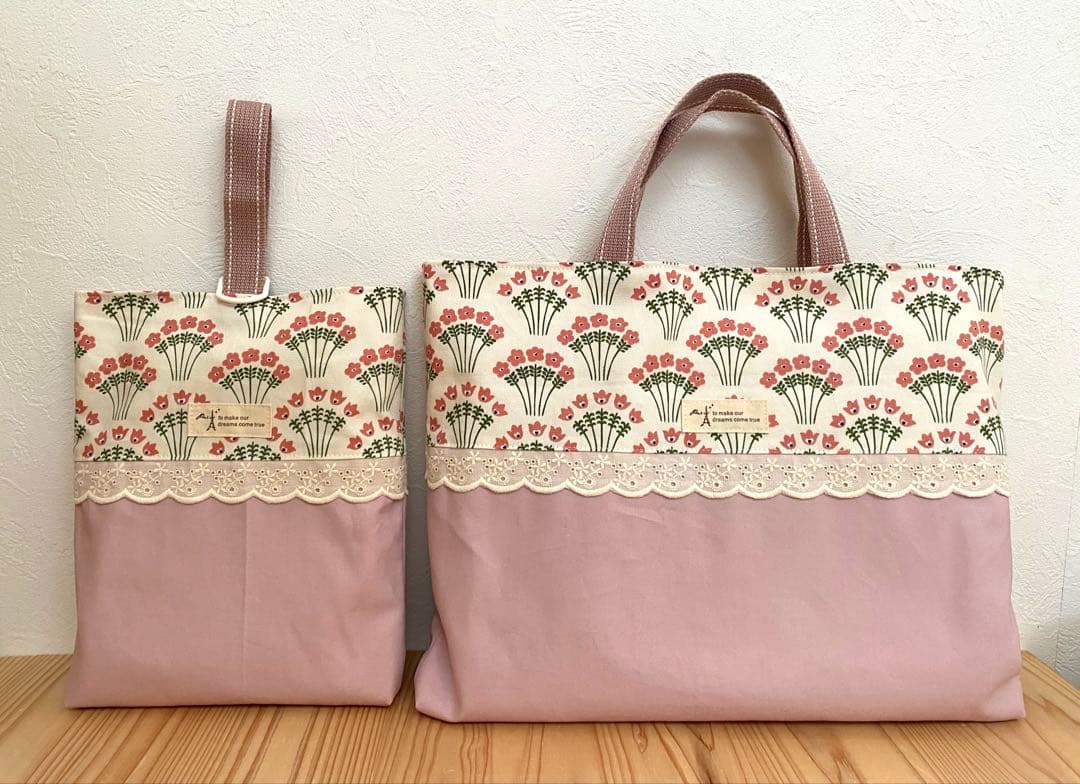 ハンドメイド　入園入学準備　レッスンバッグ　6点セット　アーチフラワー　ピンク