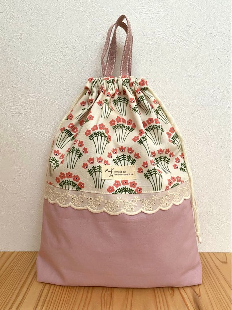 ハンドメイド　入園入学準備　レッスンバッグ　6点セット　アーチフラワー　ピンク