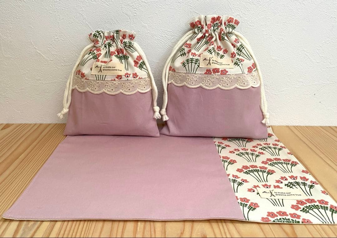 ハンドメイド　入園入学準備　レッスンバッグ　6点セット　アーチフラワー　ピンク