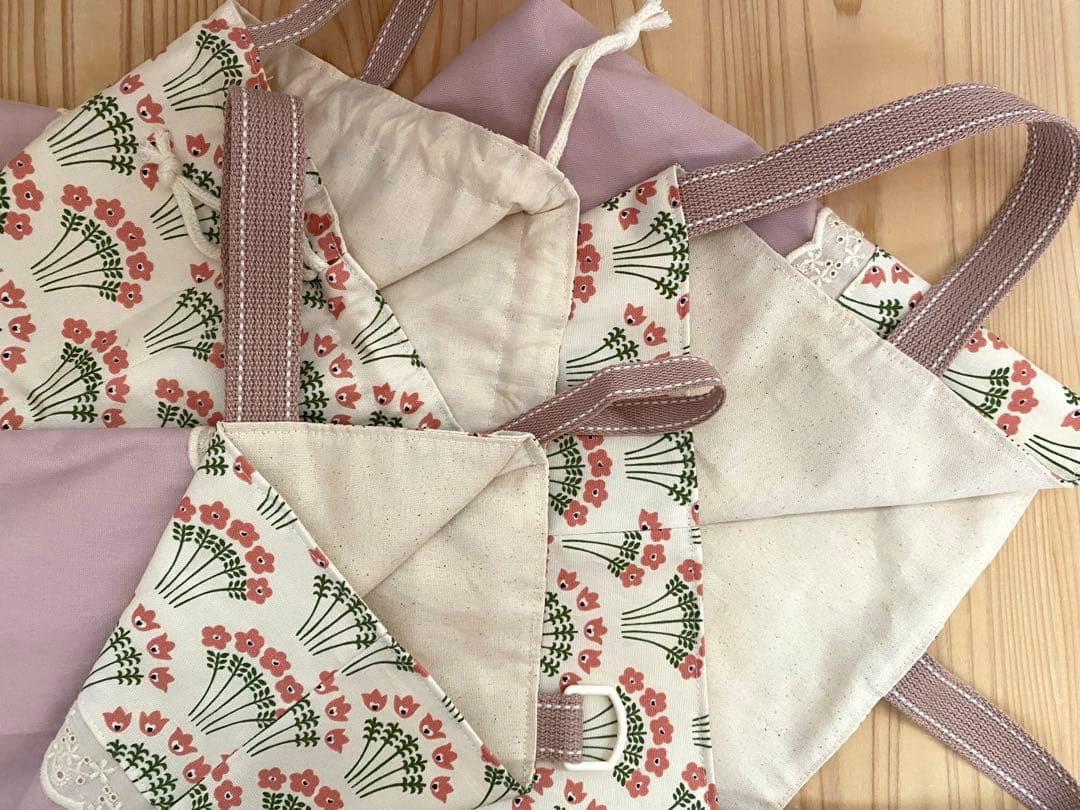 ハンドメイド　入園入学準備　レッスンバッグ　6点セット　アーチフラワー　ピンク
