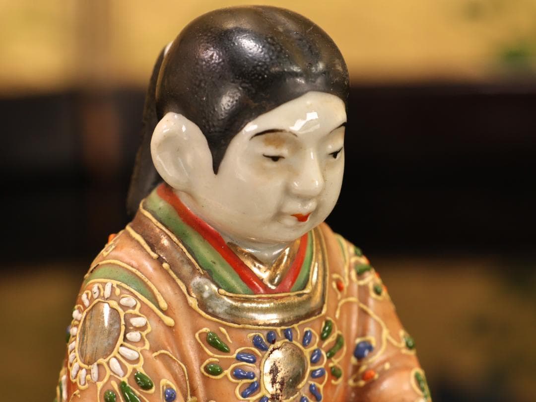 BK523　九谷焼　楠木正成 正行　桜井の別れ　陶人形 置物　金彩色絵 戦国武将