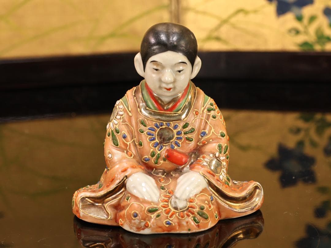 BK523　九谷焼　楠木正成 正行　桜井の別れ　陶人形 置物　金彩色絵 戦国武将