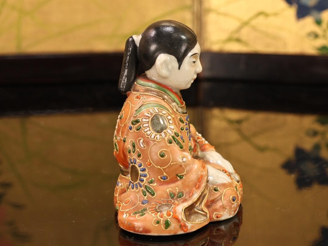 BK523　九谷焼　楠木正成 正行　桜井の別れ　陶人形 置物　金彩色絵 戦国武将